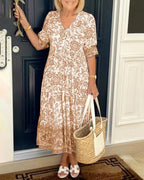 Women's Floral V-Neck Tiered Midi Elegant Dress