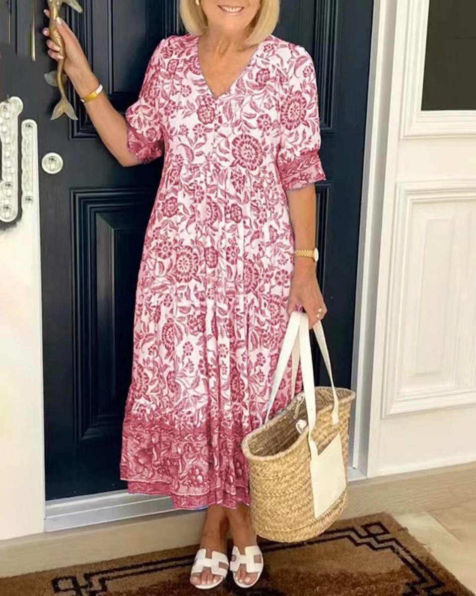 Women's Floral V-Neck Tiered Midi Elegant Dress