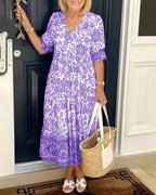 Women's Floral V-Neck Tiered Midi Elegant Dress