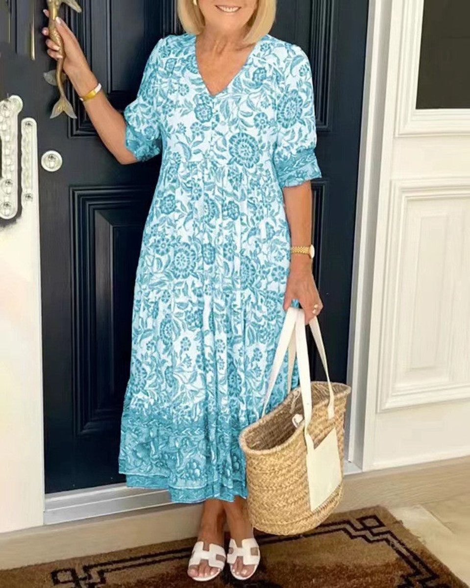 Women's Floral V-Neck Tiered Midi Elegant Dress