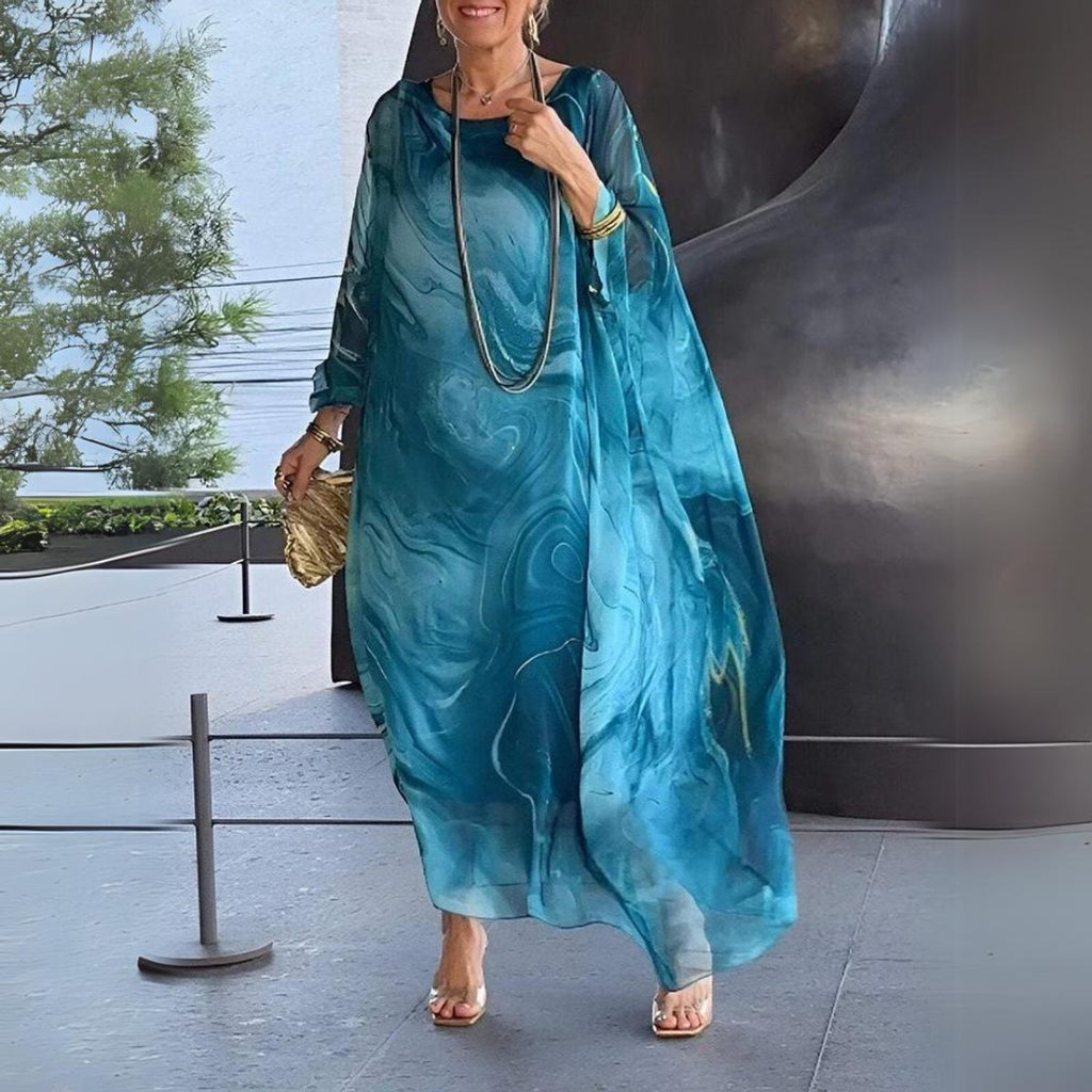 Women's Flowy Batwing-Sleeve Maxi Long Sleeve Dress Crewneck