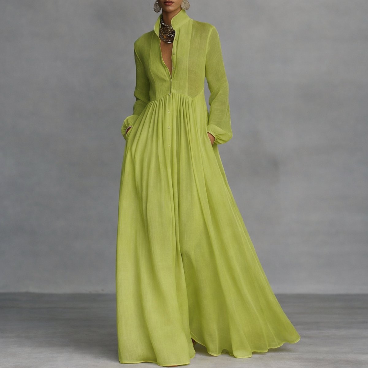 Women's A-Line Maxi Dress with Stand Collar and Pockets – Green