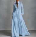 Women's A-Line Maxi Dress with Stand Collar and Pockets – Light Blue