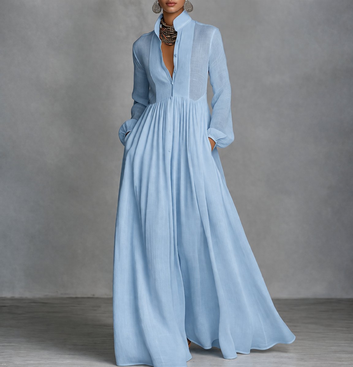 Women's A-Line Maxi Dress with Stand Collar and Pockets – Light Blue