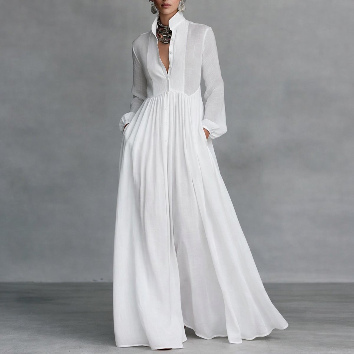 Women's A-Line Maxi Dress with Stand Collar and Pockets – White