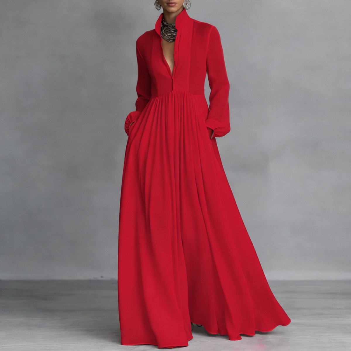 Women's A-Line Maxi Dress with Stand Collar and Pockets – Red