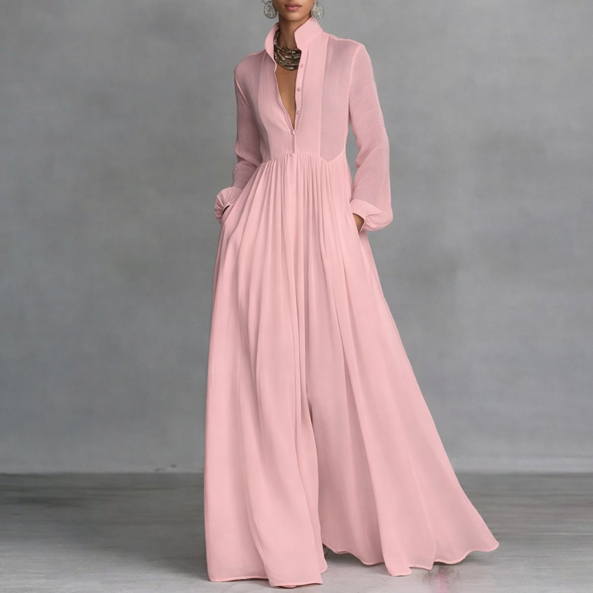 Women's A-Line Maxi Dress with Stand Collar and Pockets – Pink