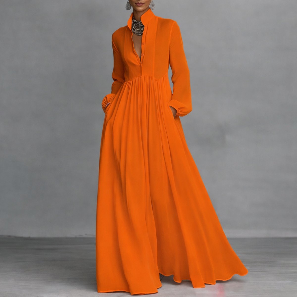 Women's A-Line Maxi Dress with Stand Collar and Pockets – Orange