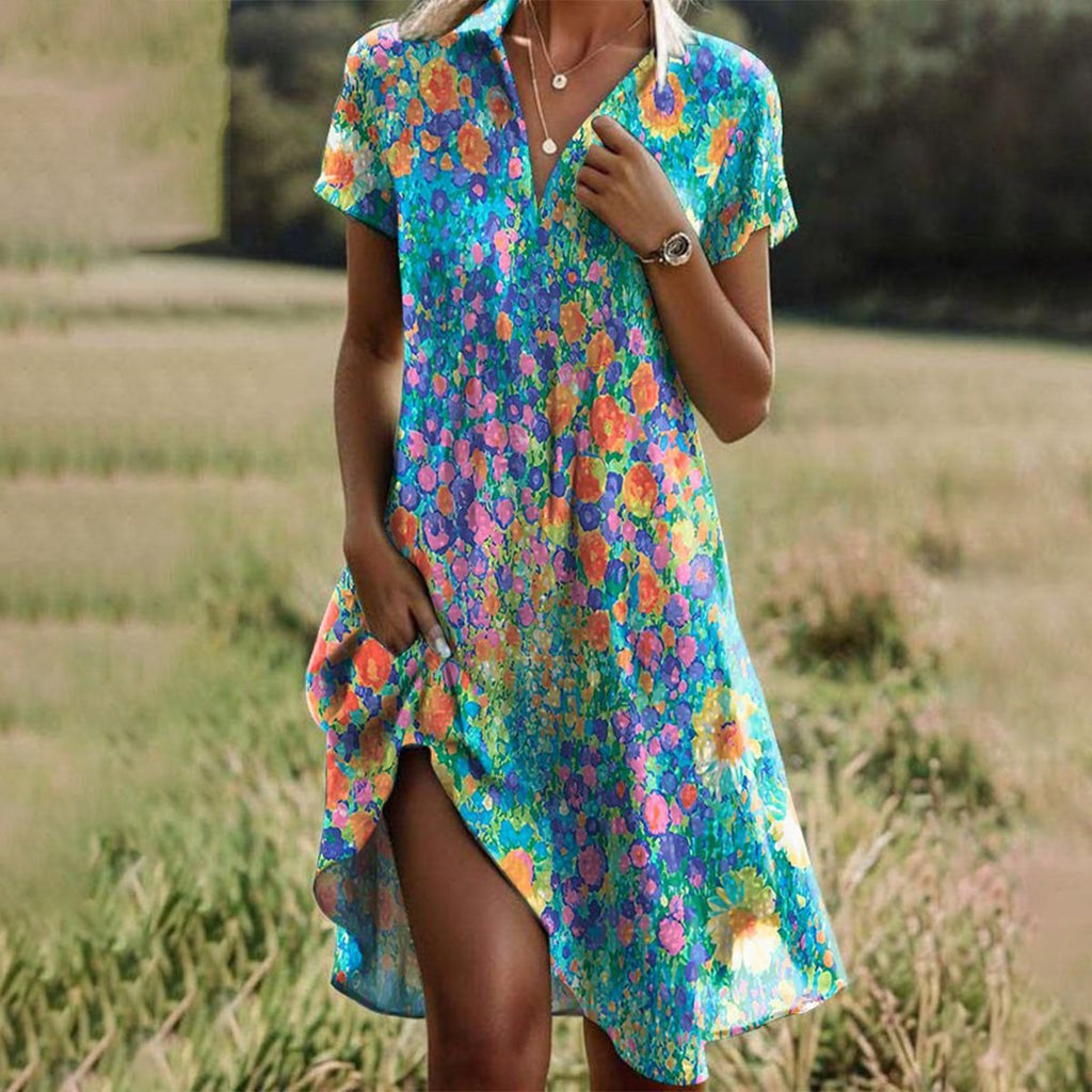 Women's Flowy Floral V-Neck Short Sleeve Midi Dress