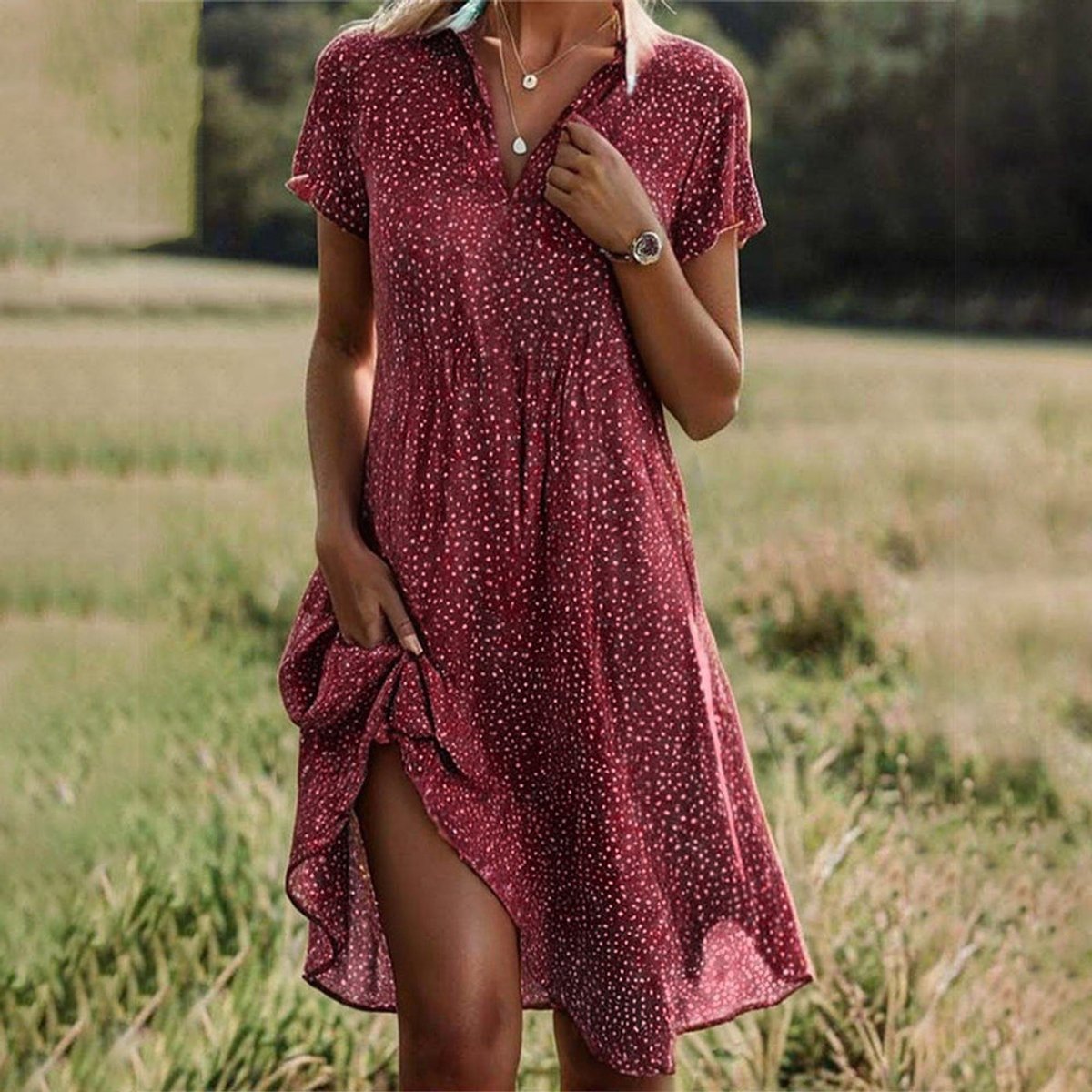 Women's Flowy Floral V-Neck Short Sleeve Midi Dress