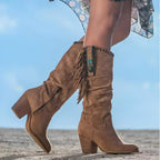Women's Fringe Suede Western Knee High Boots Block Heel