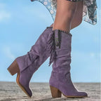 Women's Fringe Suede Western Knee High Boots Block Heel
