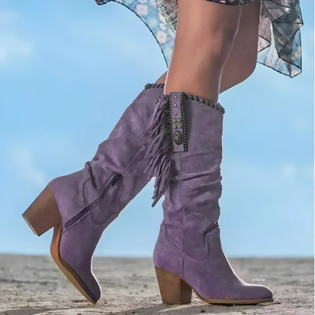Women's Fringe Suede Western Knee High Boots Block Heel
