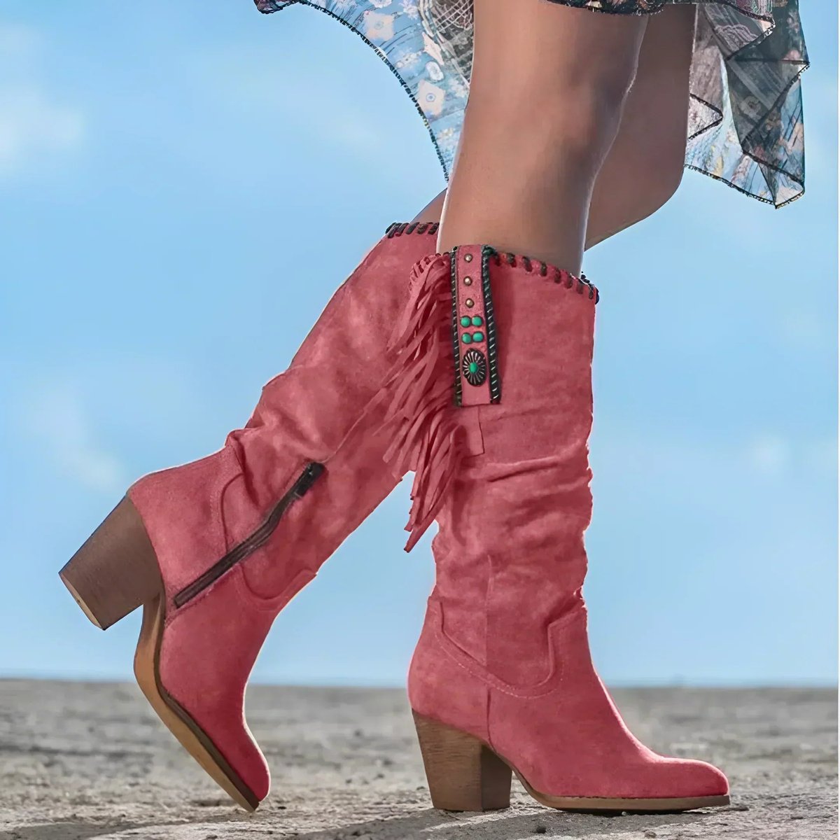 Women's Fringe Suede Western Knee High Boots Block Heel