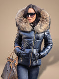Women's Fur Hood Puffer Coat Fitted Zip-Front Quilted Jacket