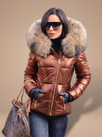 Women's Fur Hood Puffer Coat Fitted Zip-Front Quilted Jacket