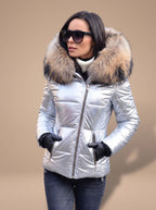 Women's Fur Hood Puffer Coat Fitted Zip-Front Quilted Jacket
