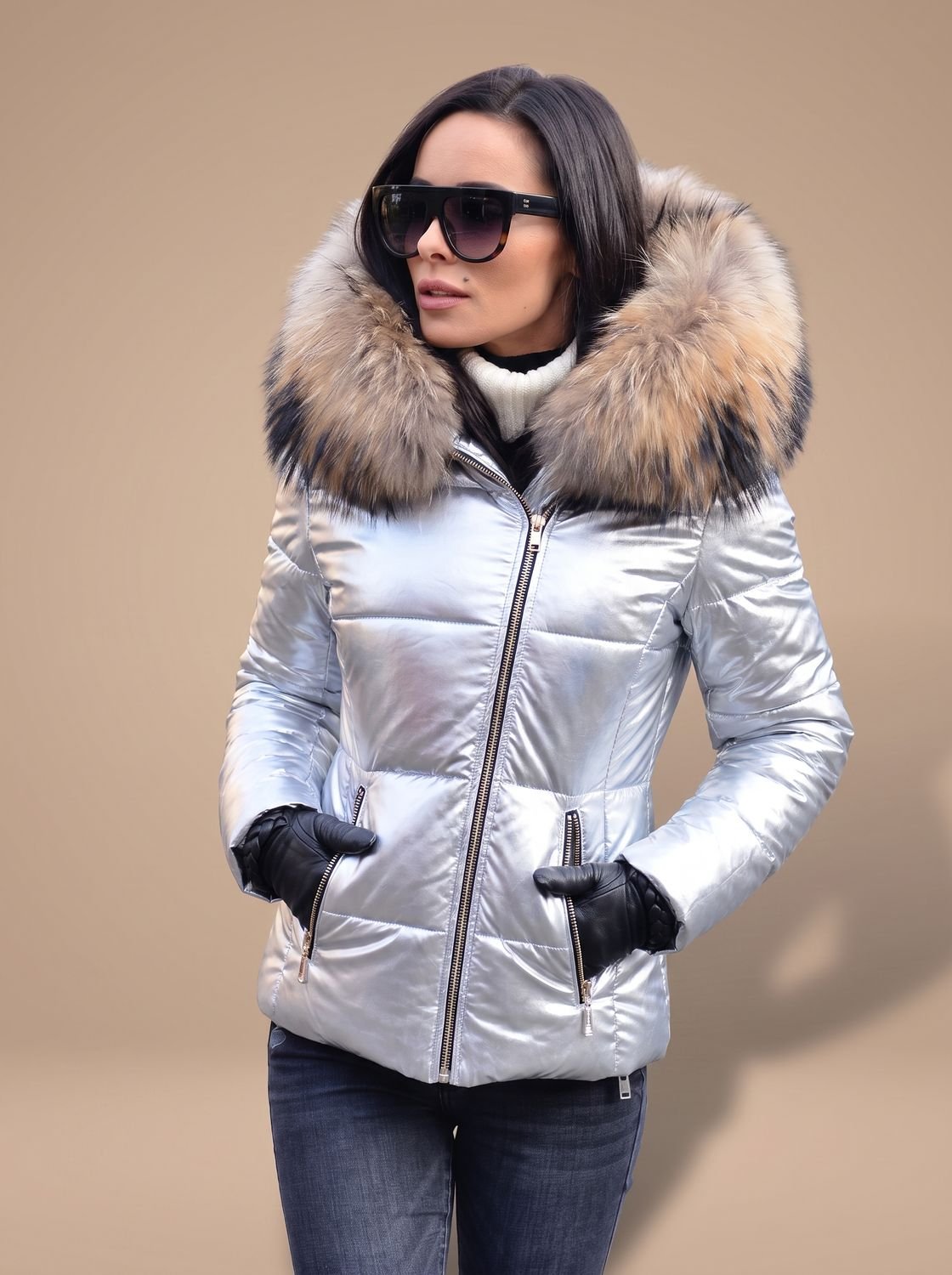 Women's Fur Hood Puffer Coat Fitted Zip-Front Quilted Jacket