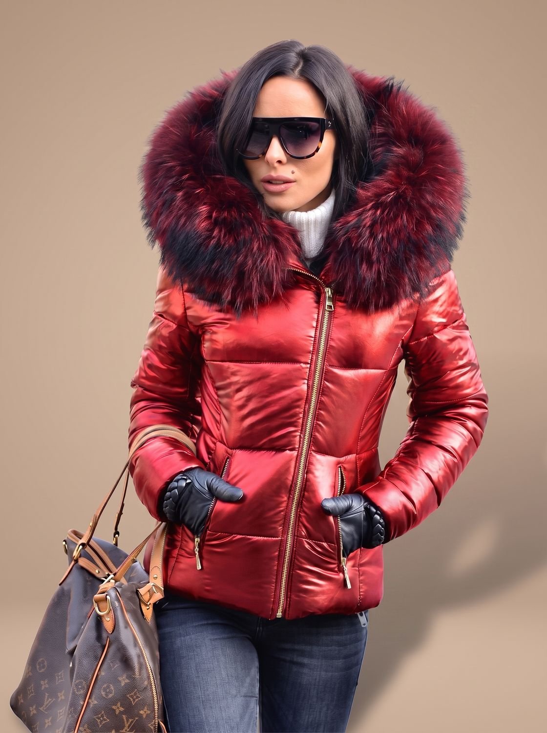 Women's Fur Hood Puffer Coat Fitted Zip-Front Quilted Jacket