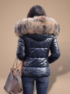 Women's Fur Hood Puffer Coat Fitted Zip-Front Quilted Jacket