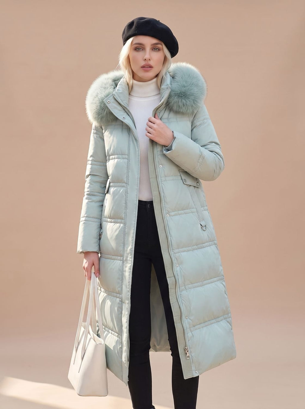 Women's Fur-Hood Quilted Long Puffer Coat