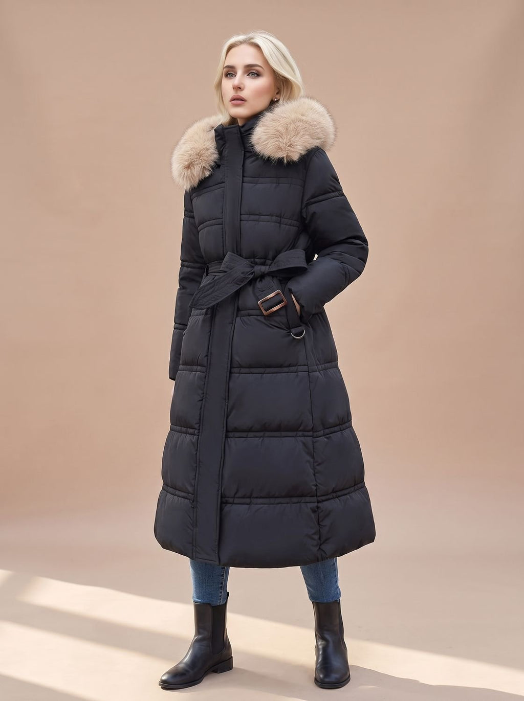 Women's Fur-Hood Quilted Long Puffer Coat