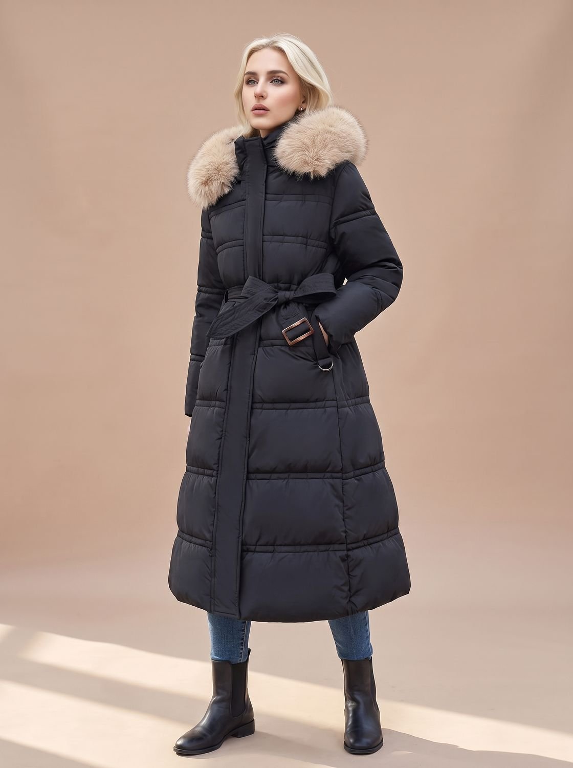 Women's Fur-Hood Quilted Long Puffer Coat
