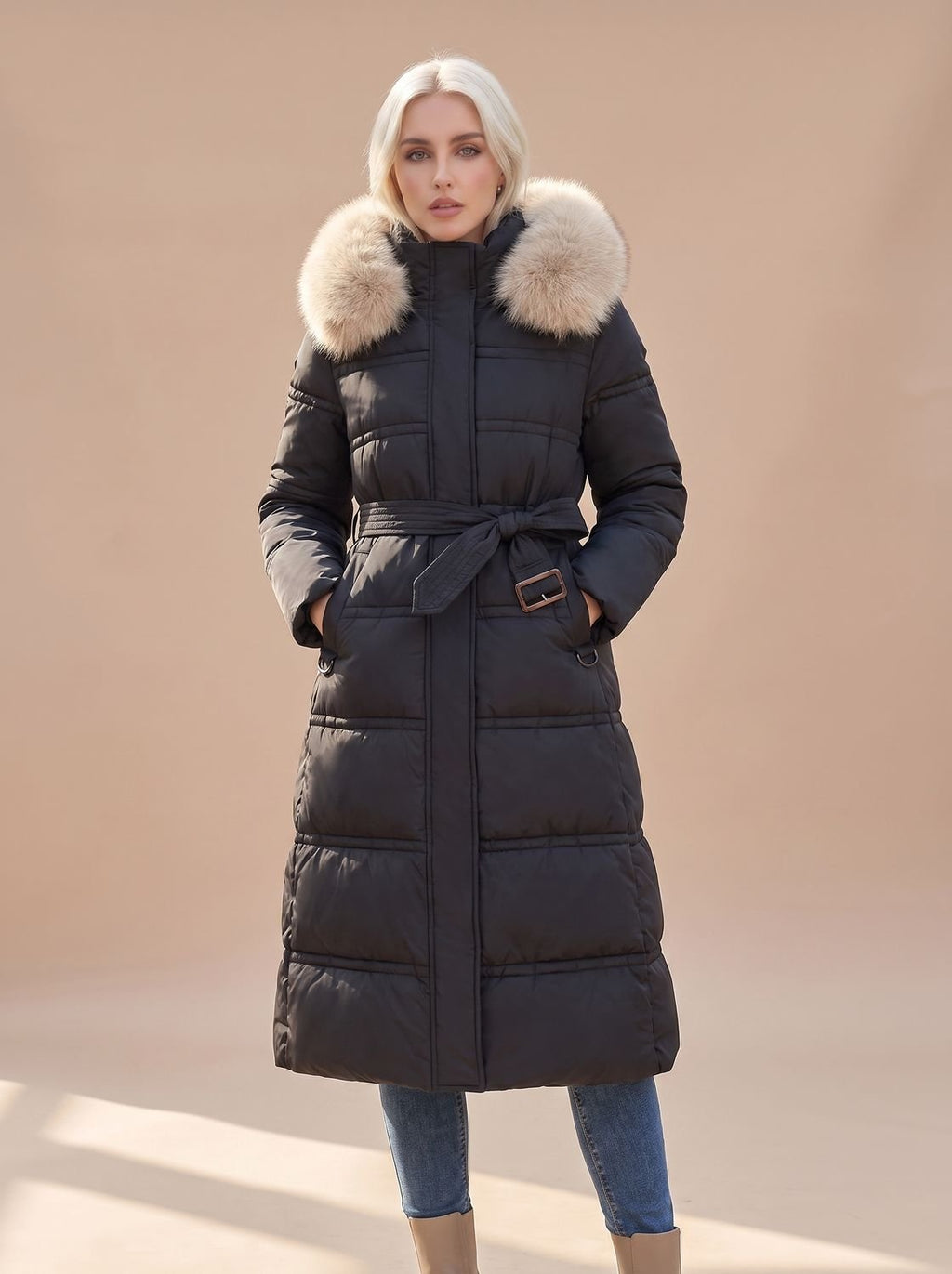 Women's Fur-Hood Quilted Long Puffer Coat