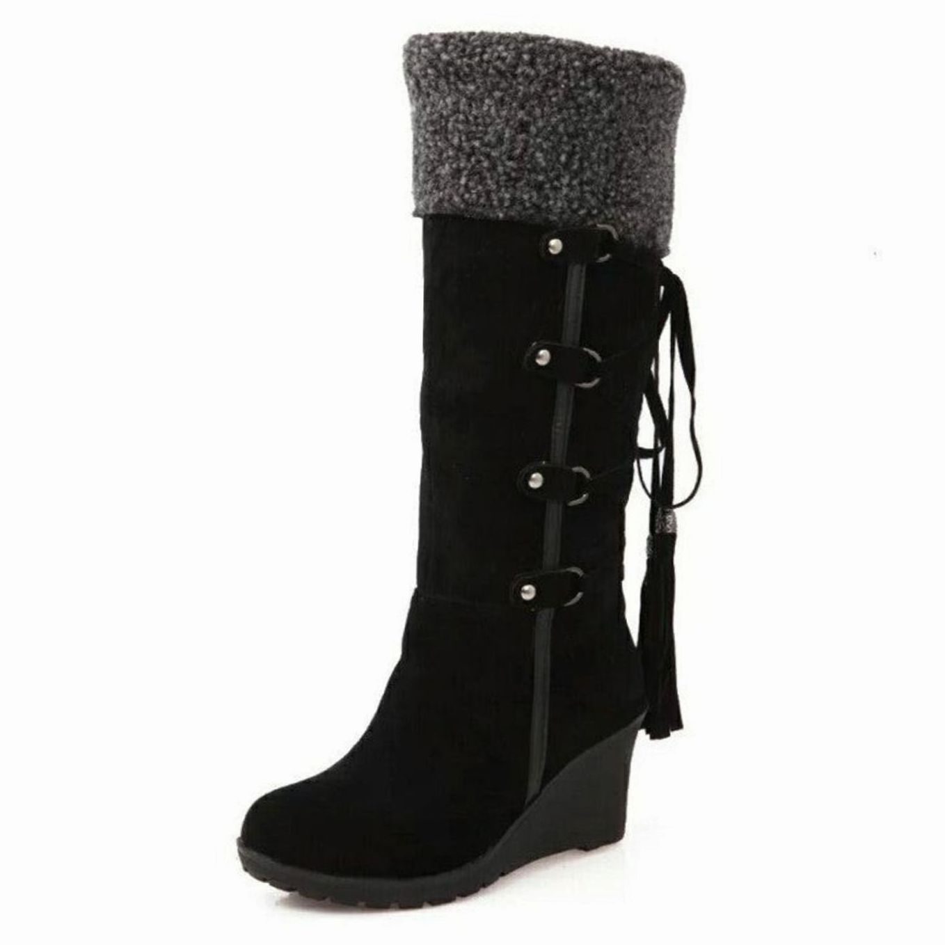 Women's Fur-Trim Wedge Heel Knee-High Winter Boots