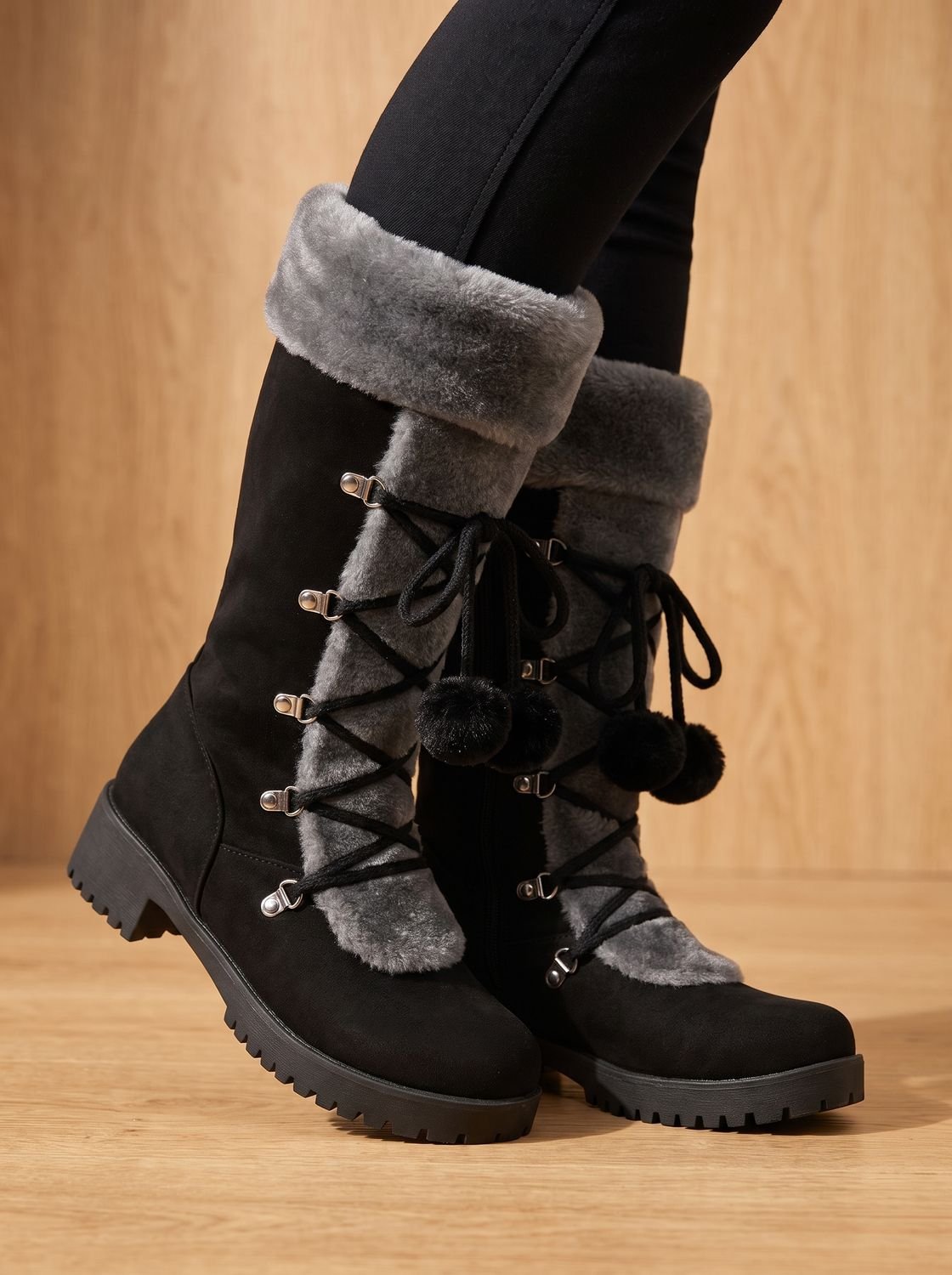 Women's Non-Slip Mid-Calf Winter Boots with Pom-Pom Ties - Black