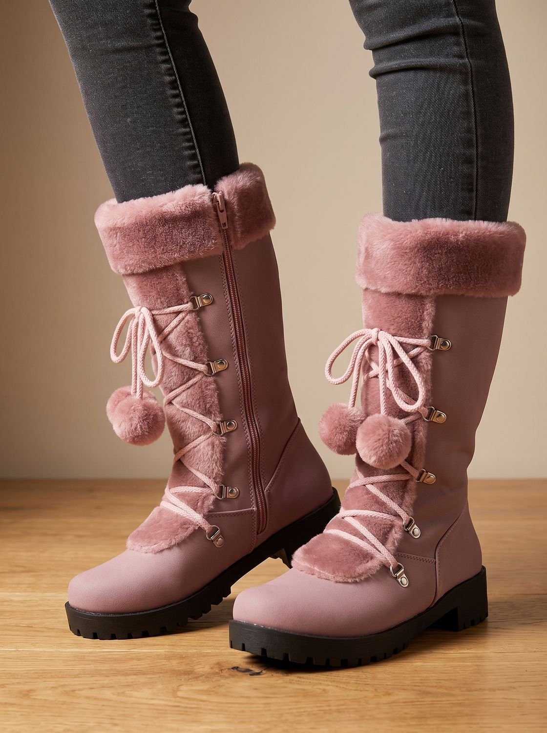 Women's Non-Slip Mid-Calf Winter Boots with Pom-Pom Ties - Purple