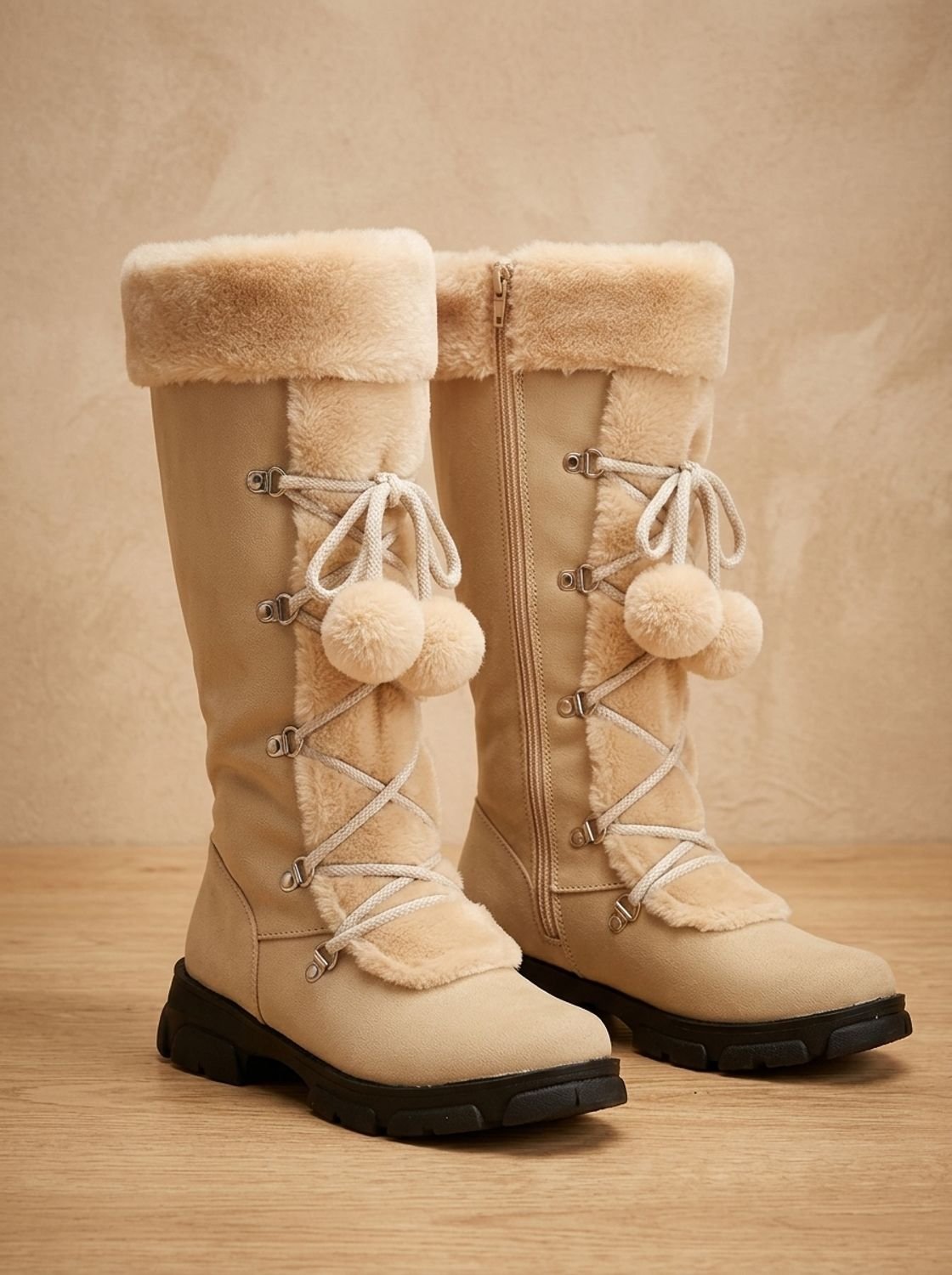 Women's Non-Slip Mid-Calf Winter Boots with Pom-Pom Ties - Beige