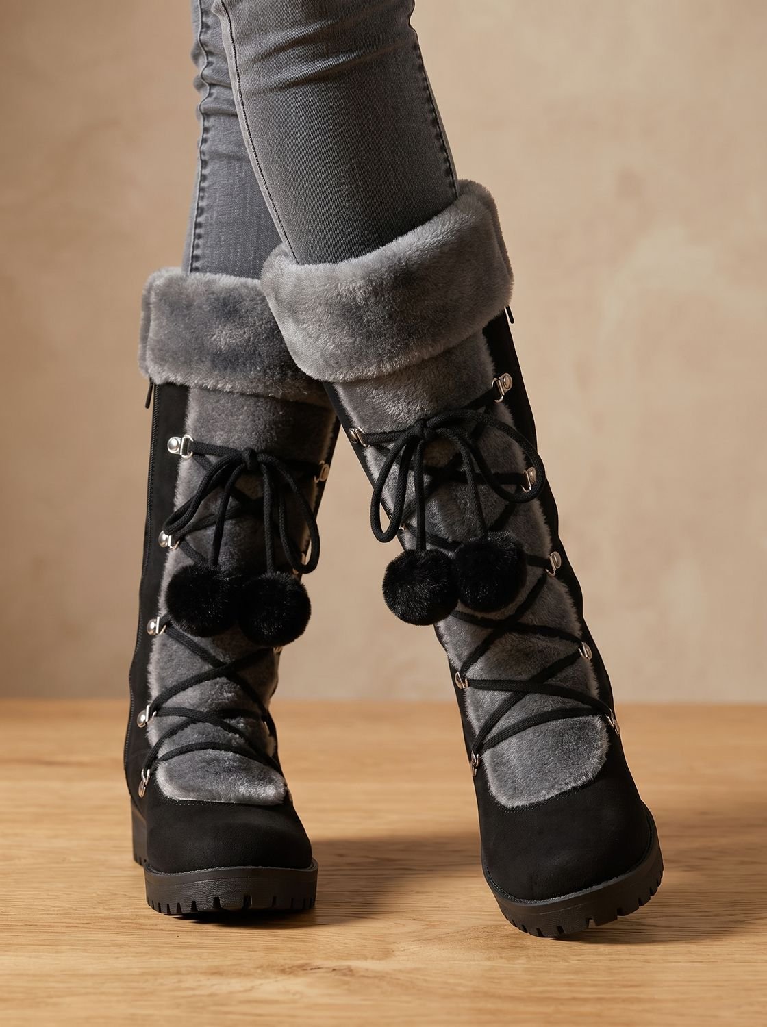Women's Non-Slip Mid-Calf Winter Boots with Pom-Pom Ties