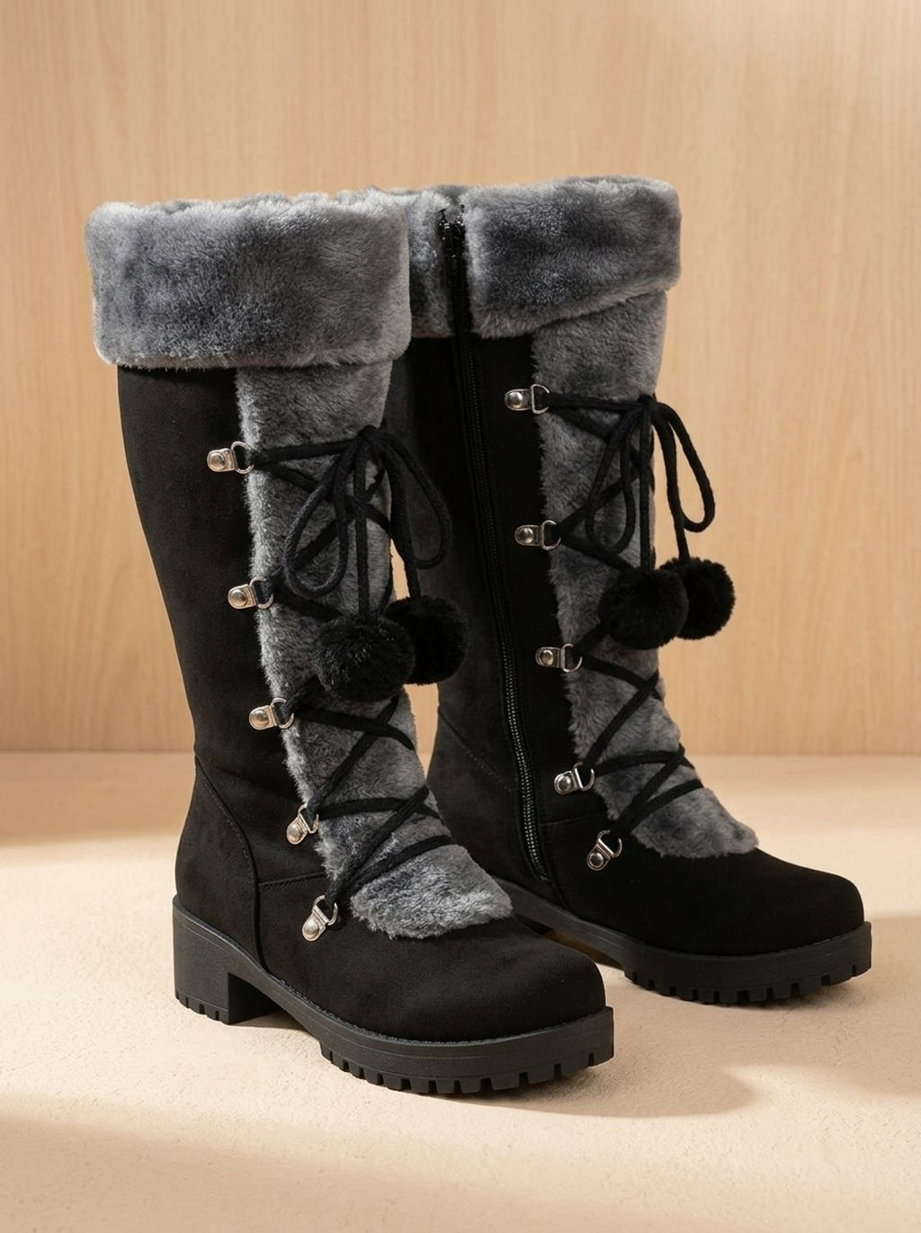 Women's Non-Slip Mid-Calf Winter Boots with Pom-Pom Ties