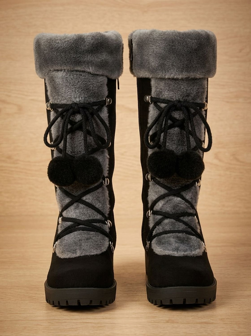 Women's Non-Slip Mid-Calf Winter Boots with Pom-Pom Ties