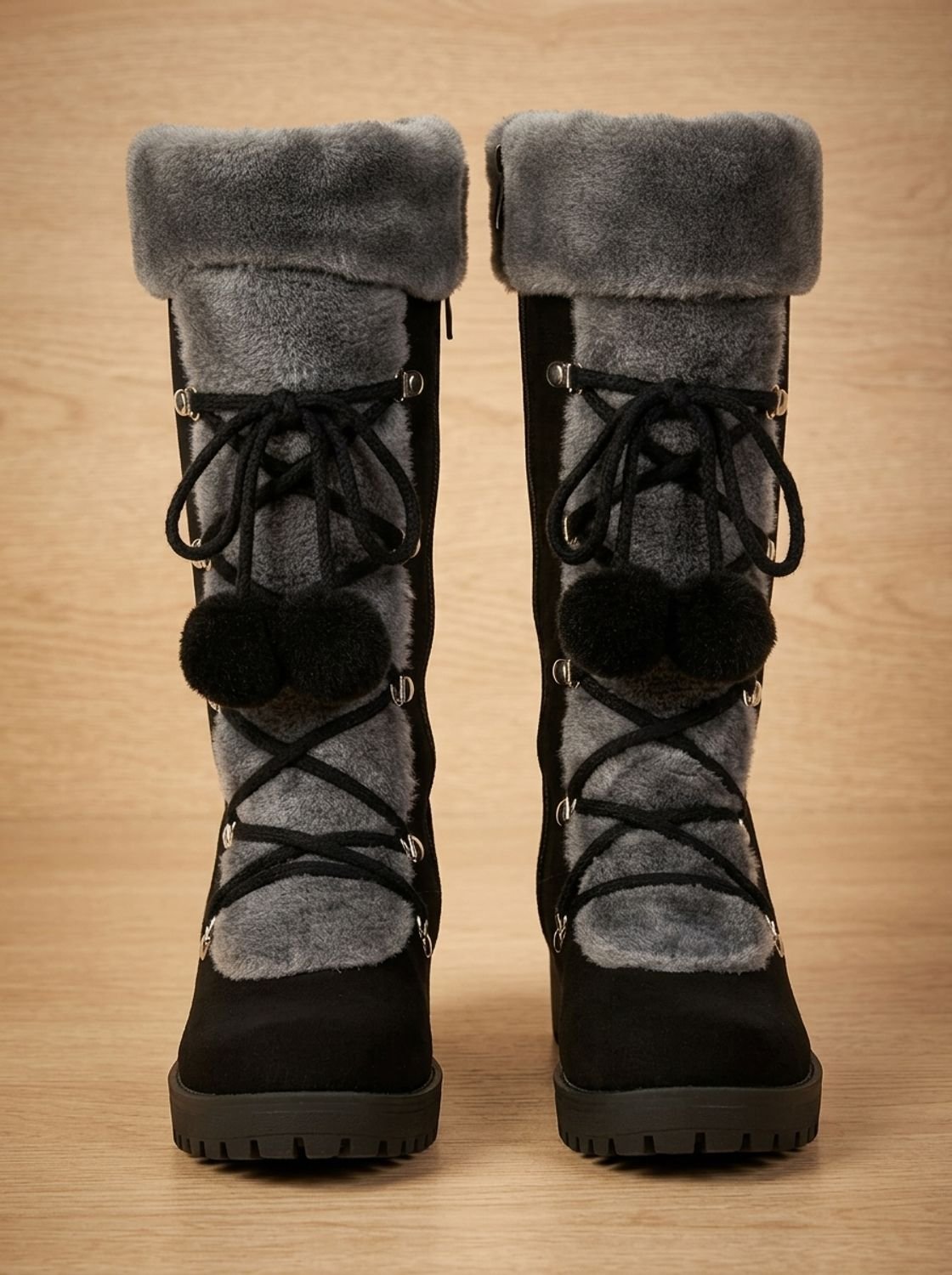 Women's Non-Slip Mid-Calf Winter Boots with Pom-Pom Ties