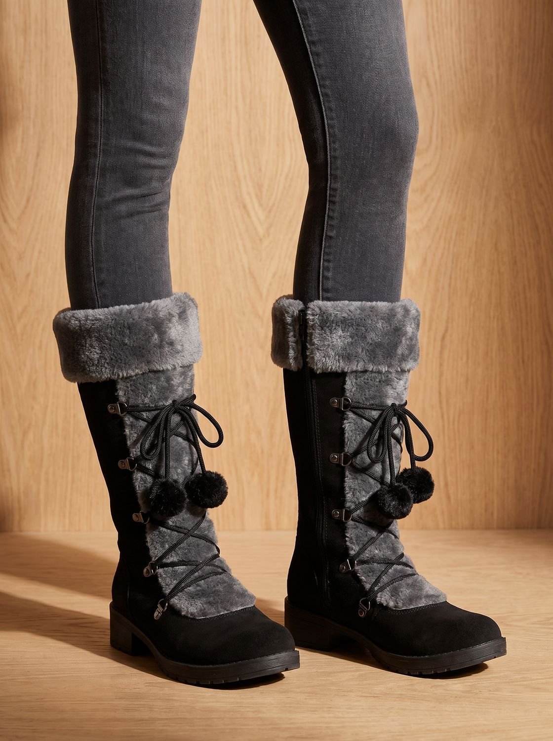 Women's Non-Slip Mid-Calf Winter Boots with Pom-Pom Ties