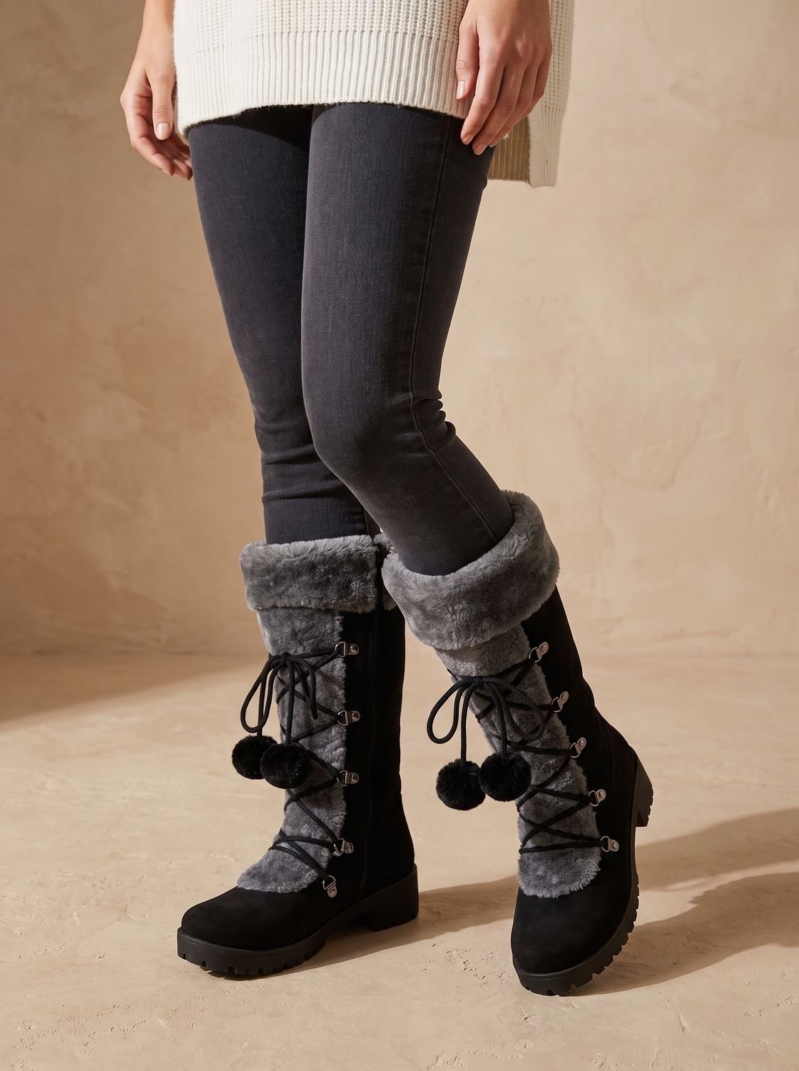 Women's Non-Slip Mid-Calf Winter Boots with Pom-Pom Ties