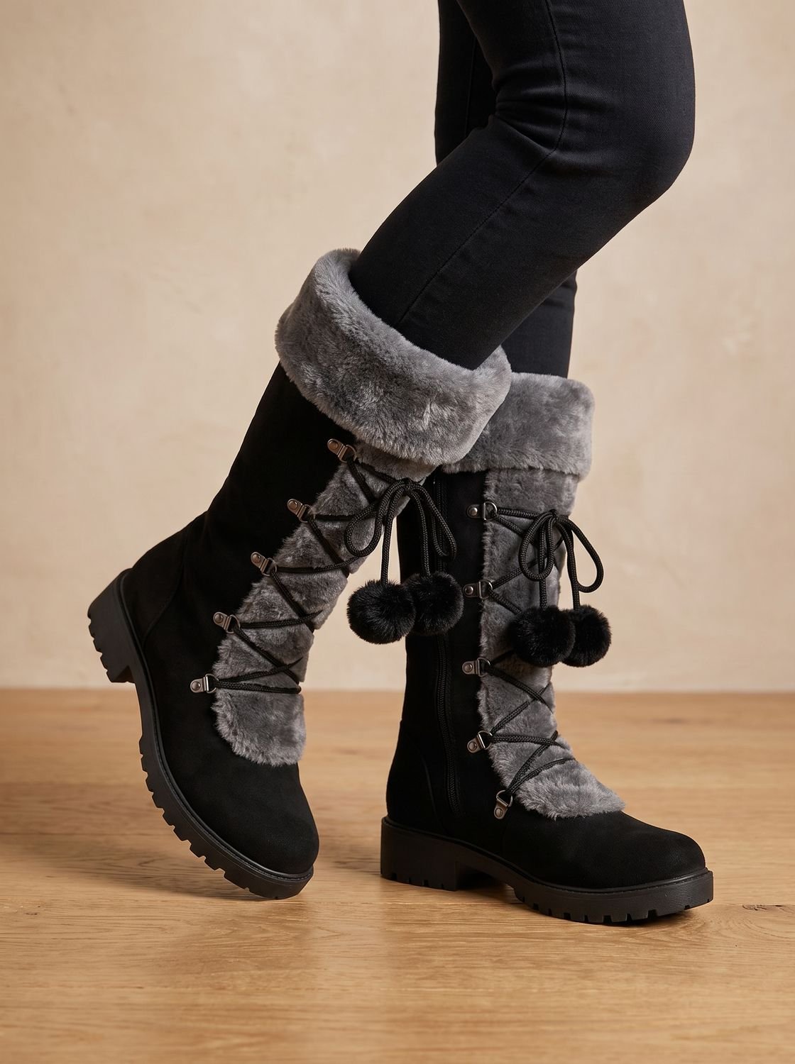 Women's Non-Slip Mid-Calf Winter Boots with Pom-Pom Ties