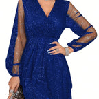 Women's Glitter V-Neck Sheer-Sleeve Fitted Cocktail Dress