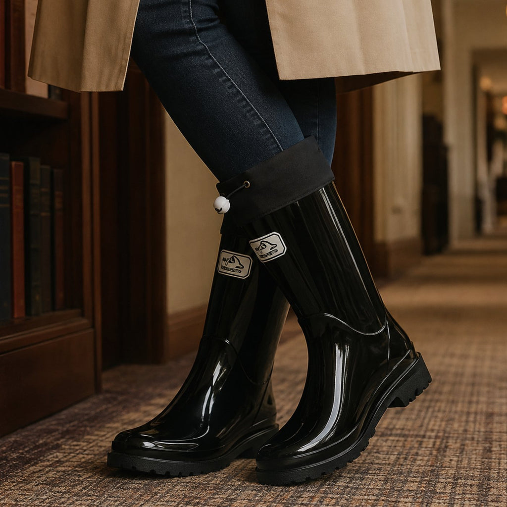 Women's Tall Rubber Rain Boots with Cinch Top - Black