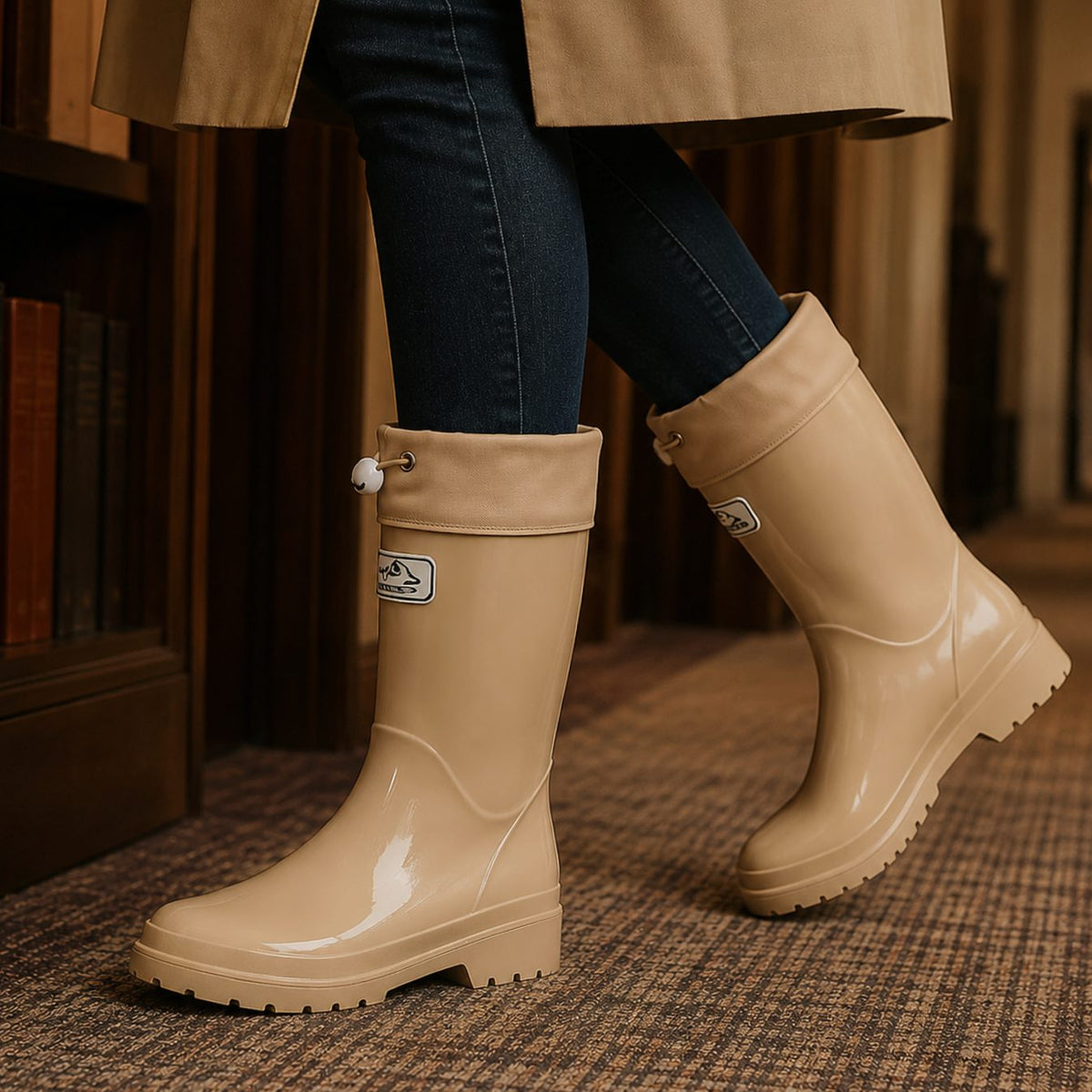 Women's Tall Rubber Rain Boots with Cinch Top - Beige