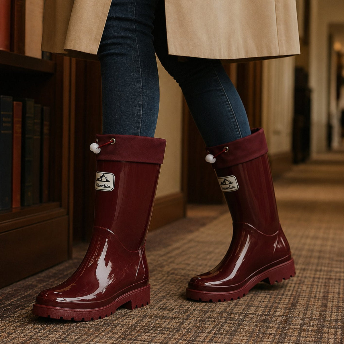 Women's Tall Rubber Rain Boots with Cinch Top - Burgundy
