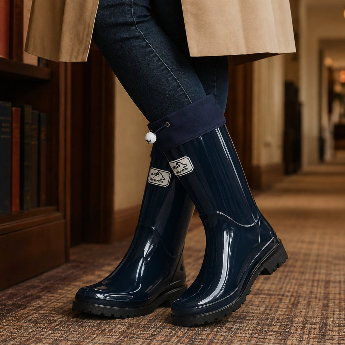 Women's Tall Rubber Rain Boots with Cinch Top - Navy