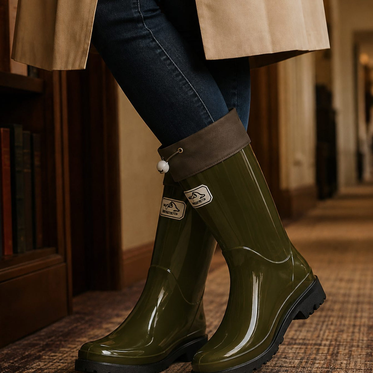 Women's Tall Rubber Rain Boots with Cinch Top - Olive Green