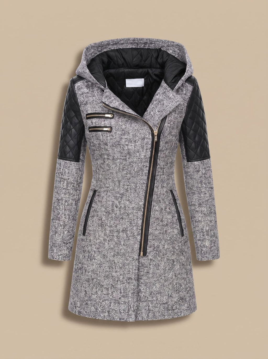 Women's Hooded Asymmetric-Zip Quilted-Panel Wool-Blend Coat