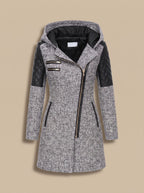 Women's Hooded Asymmetric-Zip Quilted-Panel Wool-Blend Coat