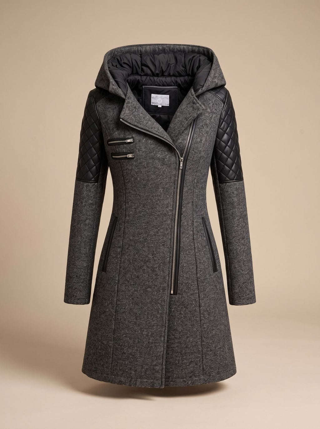 Women's Hooded Asymmetric-Zip Quilted-Panel Wool-Blend Coat
