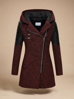 Women's Hooded Asymmetric-Zip Quilted-Panel Wool-Blend Coat