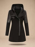 Women's Hooded Asymmetric-Zip Quilted-Panel Wool-Blend Coat